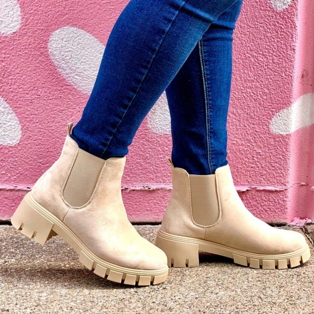 Top Moda Suede Chunky Sole Boots Womens 10 Beige Fall Combat - Picture 3 of 12